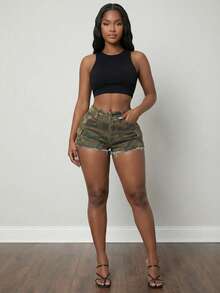 Women's High Waisted Camouflage Cargo Denim Shorts - Summer Utility Denim Shorts Snatched Raw Hem Festival Aesthetic - 軍綠色 - 查看 5