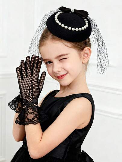 2pcs/Set Elegant Children's Vintage Hat And Lace Gloves Set (For 8+ Years Old), Lightweight Mesh Lace With Pearl Bow Accent, Suitable For Weddings, Formal Dances, Vintage Parties