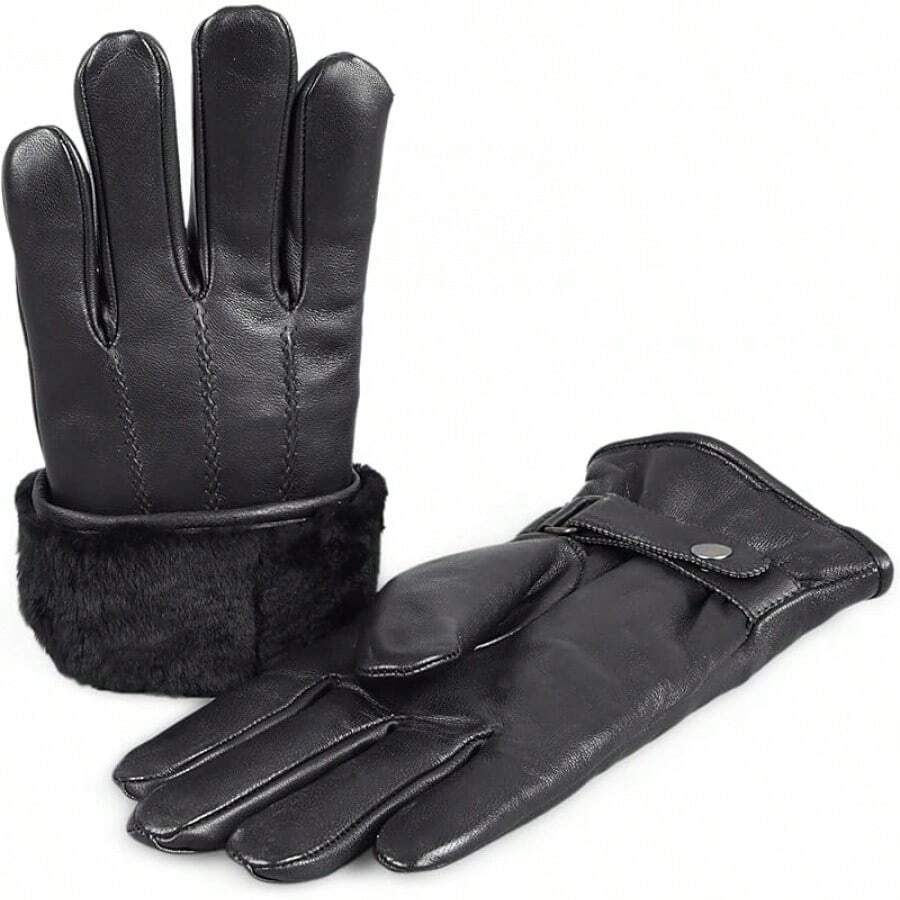 Men's Shearling Lined Leather Gloves – Premium Sheepskin Warm Cold Weather Gloves - 黑色,附按扣 - 查看 1