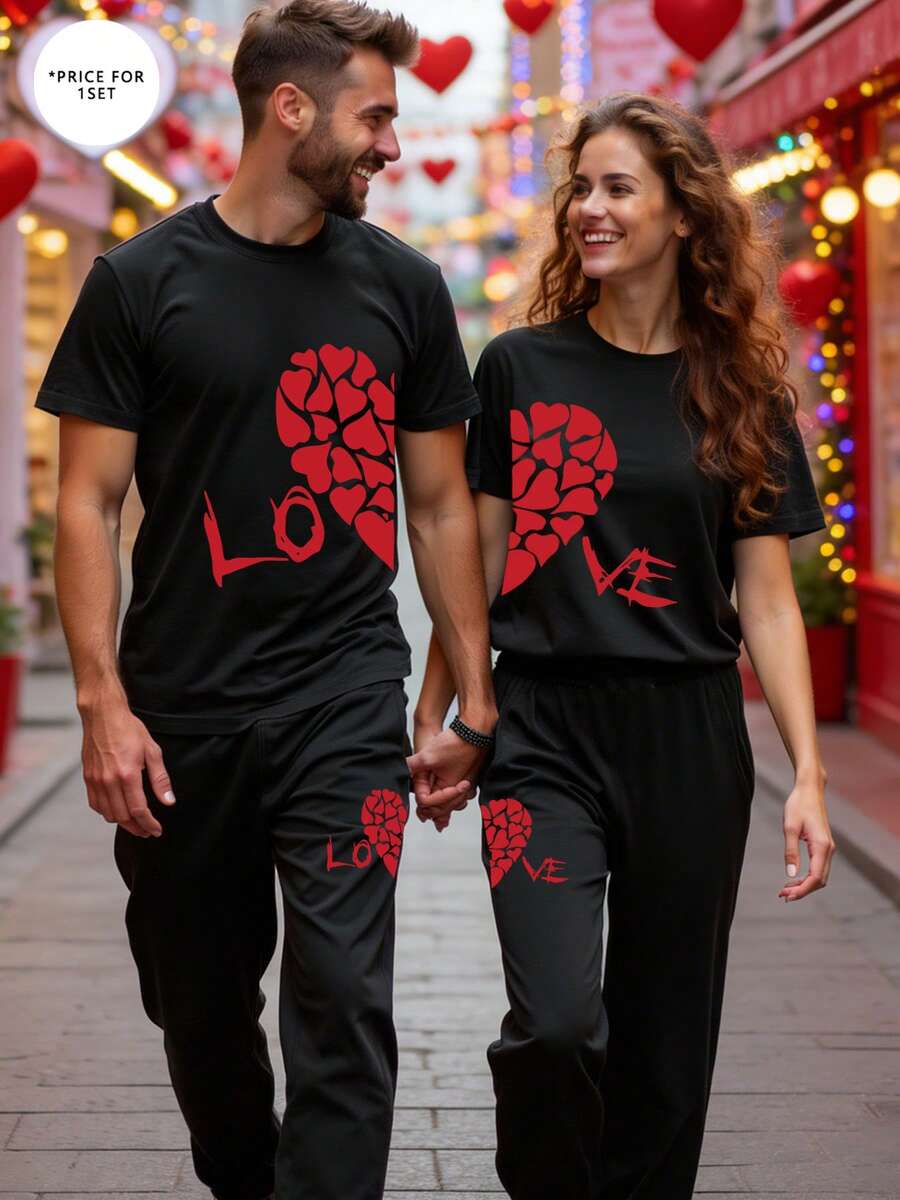 2pcs Men Casual Street Style Heart Print T-Shirt And Sweatpants Set, Spring/Summer - Multicolor - View 1