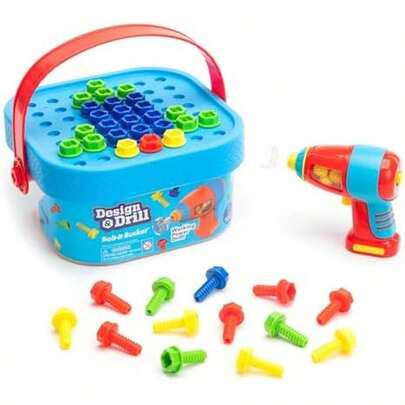 Educational Insights Design & Drill Bolt-It Bucket, conjunto de taladro portátil para llevar a todos lados, conjunto de 56 piezas, perfecto para niños y niñas mayores de 3 años