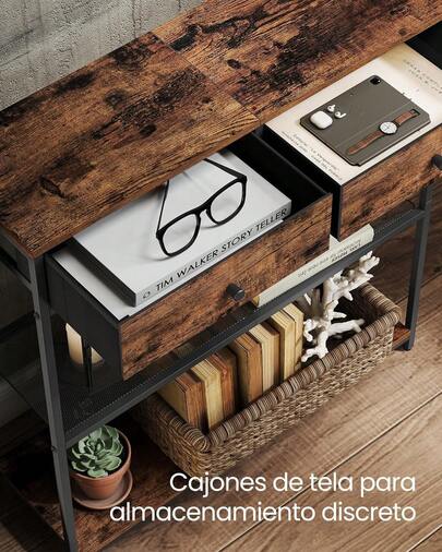 VASAGLE Mesa de Entrada Estrecha, Mesa de Consola de 3 Niveles, con 2 Cajones de Tela, 24 x 76 x 80, Marrón Rústico y Negro Tinta MLNT092K01