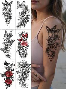 6张逼真彩色蝴蝶、玫瑰、老虎、龙图案临时纹身贴纸，防水，大号半臂纹身贴纸，适合女性，情人节适用