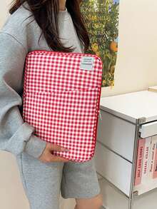 11"/13" Minimalist Plaid Zipper Laptop/Tablet Sleeve, Women's Work & Study Dual-Use. Fuzzy Plaid Bag, Checkered Pattern, Laptop Bag, Laptop Case, Laptop Sleeve, Computer Bag, Minimalist Plaid Classroom Laptop Bag, Classroom Bag, Teacher's Organizer Bag, Classroom Organizer - Multicolor - View 12