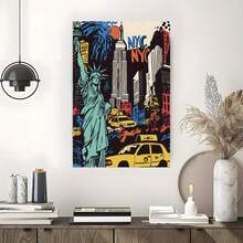 1pc Vintage New York Skyline Canvas Art Prints - Statue Of Liberty Wall Decoration, Vintage New York City Landscape Posters With Iconic Green Statues And Yellow Taxis, Canvas For Bedroom, Dormitory Or Gallery, Dormitory Room Decoration | Art Wall Decoration | Classic Decorative Style Vintage Frameless Wall Arts Posters - Multicolor - View 6