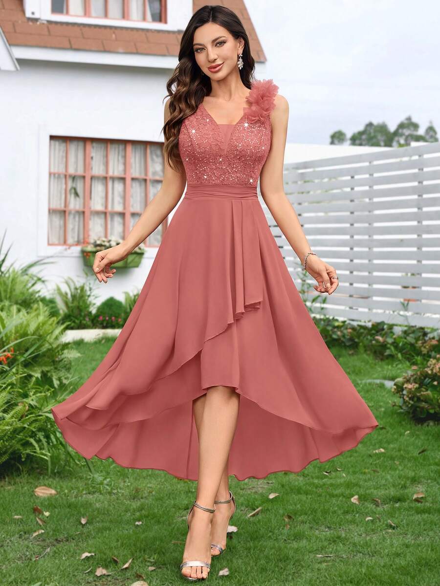 MIUSOL Vestido de noche largo asimétrico con escote en V profundo, sin mangas, con volantes y encaje con lentejuelas florales