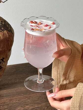 1pc Lace Rim Stemmed Glass Cup, Niche Design Bubble Water Beverage Cup, High-Quality Stemware, Dessert Drink Coffee Cup, Suitable For Home, Restaurant, Dessert Shop, Gift, Party