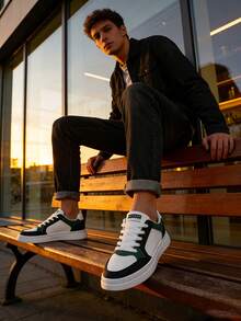 Men's Casual Lace Up Sneakers, White Green Black Skate Shoes With Chunky Sole, Everyday Walking Shoes - Best Gift For Guys, Skateboard Style Footwear - 白綠 - 查看 7