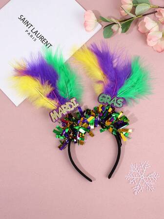 1 pieza Diadema con purpurina brillante para Mardi Gras para mujer, con plumas de colores, aro para el cabello con lámina de colores, banda para el cabello alegre para fiestas de carnaval, accesorios para el cabello de mujer