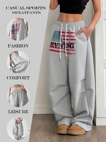 宽松阔腿运动裤，带字母口袋，男女通用直筒休闲运动裤，适合日常穿着，春秋冬