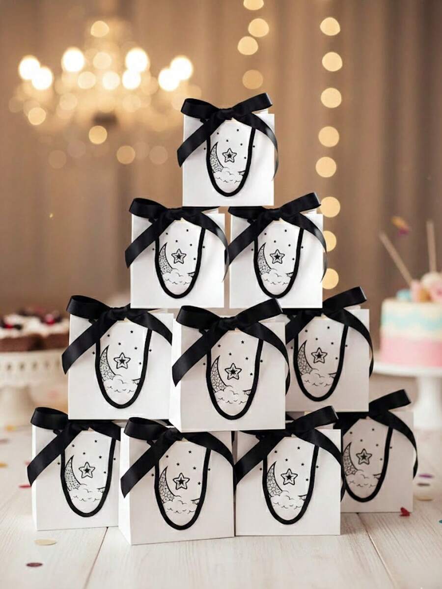 10个装开斋节和斋月礼品袋，月亮图案手提袋，伊斯兰穆斯林派对用品，家居装饰，开斋节庆祝礼物，开斋节装饰手提袋 - 彩色 - 查看 1