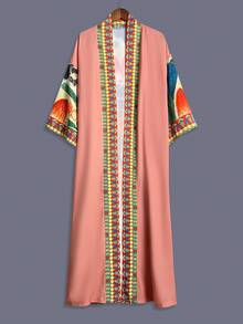 波西米亚复古印花腰带中长款和服罩衫，七分袖薄款外套，男女通用沙滩旅行休闲罩衫，轻薄羽织长袍外套