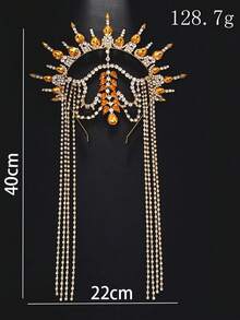 Exaggerated Crystal Crown Headband, Geometric Tassel Headdress Party Accessory, Bride To Be, Tiara - Silver - View 4