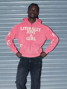 Men's Pink Zip Up Hoodie Y2K Hip Hop Streetwear Unisex 3D Patches Letter Casual Regular Fit Zipper Cardigan Outdoor Daily Wear Back To School Jacket Street Style Warm Hoodie - 粉色 - 查看 4