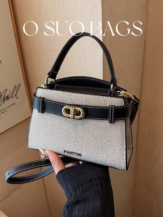 时尚复古拼接PU皮革手提包，简约可调节肩带装饰，精致五金锁扣，斜挎单肩包，磁扣闭合，多功能轻便女士手提包