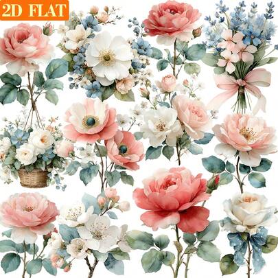 20pcs/Set Handmade Vintage Valentine's Day Pink Rose Series 2D Flat Waterproof Stickers, Suitable For Scrapbooking, Notebook, Diary, Cutting Book Decoration DIY