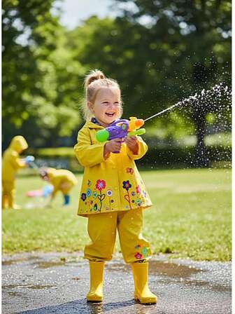 Young Girl Floral Print Waterproof Hooded Jacket + Pants 2-Piece Sportswear Set, Suitable For Outdoor