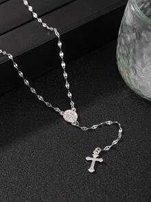 1pc Vintage Style Women's Mary Pendant Cross Necklace With Tassel, Faith Jewelry, Elegant Daily Wear, Birthday & Anniversary Gift - Multicolor - View 2