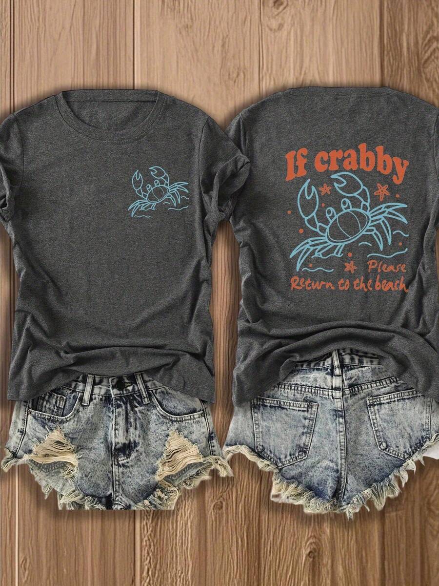 Double-Sided Printing, Ladies' T-Shirts, Ladies' -Blend T-Shirts, Independence Day, Gifts-Crabby Crab Print T-Shirt - Fun & Quirky Beach-Themed Design For Summer Outfits, Perfect For Vacation Wear And Coastal Lovers - 深灰色 - 查看 1