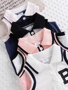 4pcs Infant/Baby GirlFashion Preppy Style Polo Collar Sleeveless Tank Tops, Versatile For Daily, Outdoor, School, Commute - White - View 5