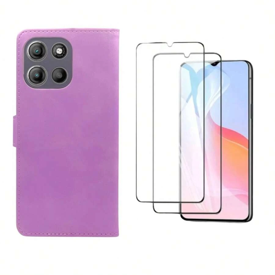 Soft Wallet Case With Card Holder For Samsung A05 Plus 2 Tempered Glass Screen Protectors - Purple - View 1