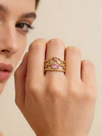 1 pieza Anillo abierto de acero inoxidable con media bola de cristal de estilo vintage francés / Anillo abierto de triple capa, adecuado para uso diario, fiestas, banquetes, Ramadán, Día de San Valentín, regalo para mujeres