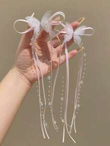 2pcs Mesh Butterfly Long Streamer Beaded Tassel Hair Clip, Bangs Side Clip, Princess Style, Suitable For Valentine's Day Decoration, Daily, Party, Valentine's Day Use (No Card, Handmade, Bowknot May Not Be Separated Due To Packaging Compression, Consistent With Displayed Effect) - Multicolor - View 3