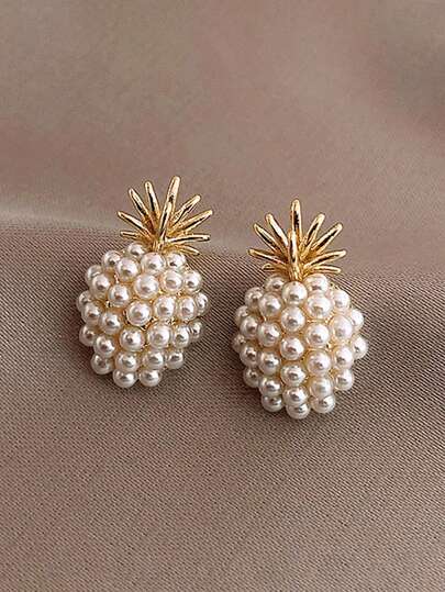 1 par de pendientes de botón con diseño de piña de perlas falsas