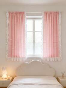 1件粉色格子荷叶边窗帘，法式乡村复古风格装饰窗帘，杆袋式顶部安装，适合春秋季卧室、客厅、阳台、阳光房装饰隔断。 - 粉色 - 查看 2