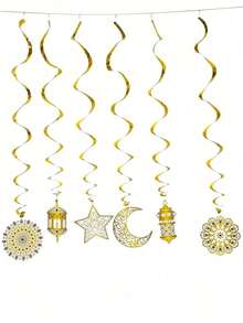 Kumozawa 6pcs Eid Mubarak & Ramadan Decorations Set - Swirl Banners, Star & Moon Lights, Paper Ceiling Hangings, Ramadan Kareem Islamic Ramadan Party Decor, Ramadan Blessing Decoration, Eid Mubarak Decoration, Ramadan Home Decor, Eid Al-Adha Decoration, Ramadan Gift, Suitable For Room, Garden, Multi-Purpose,Room Decoration, Living Room Decoration, Bedroom Decoration,Ramadan Decorations - Multicolor - View 4