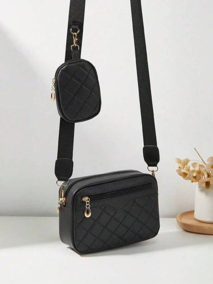 2pcs Small Square Shoulder Bag, Quilted Diamond Pattern Crossbody Bag, Coin Purse - Black - View 1