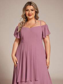 EVERPRETTY Elegant Women's Mid-Length Chiffon Bridesmaid Dress, Spaghetti Strap Cold-Shoulder Ruffle Sleeve Design, Perfect For Weddings And Formal Occasions - Dusty Pink - View 5
