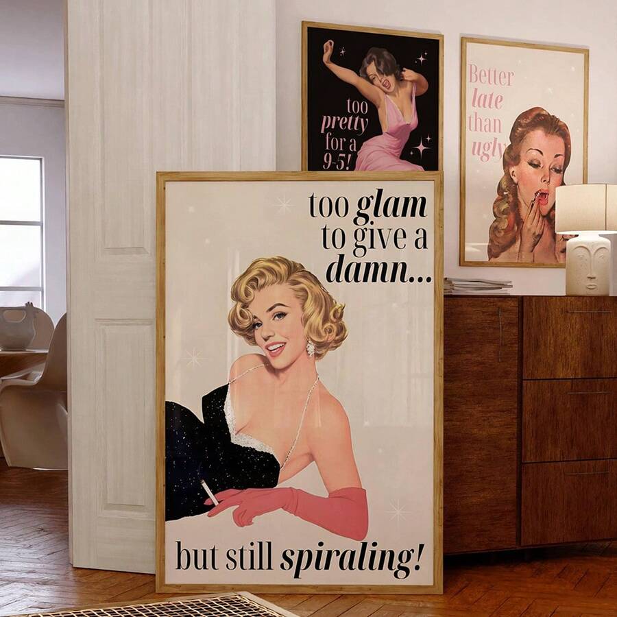 1张复古粉色女性印花海报，印有趣味标语“迟到总比丑陋好”，复古家庭主妇风格墙饰，时尚墙面艺术，适用于客厅、卧室、宿舍、公寓、餐厅、厨房和其他现代家居装饰，不含画框。