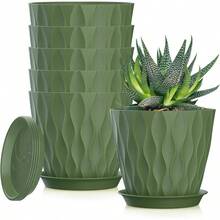Inch Plant Pots 5 Pack, Flower Planters With Drainage Holes And Trays, Plastic Pots Indoor Outdoor Plants, White - 綠色 + 5英寸 - 查看 1