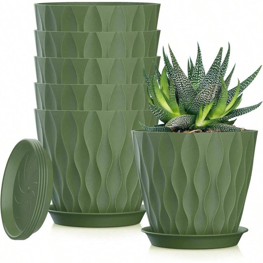 Inch Plant Pots 5 Pack, Flower Planters With Drainage Holes And Trays, Plastic Pots Indoor Outdoor Plants, White - 綠色 + 5英寸 - 查看 1