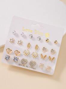 12 Pairs Metal Faux Pearl Rhinestone Butterfly, Heart, Flower Assorted Stud Earrings Set, Beautiful Everyday Casual & Holiday Gift For Women - Yellow Gold - View 1