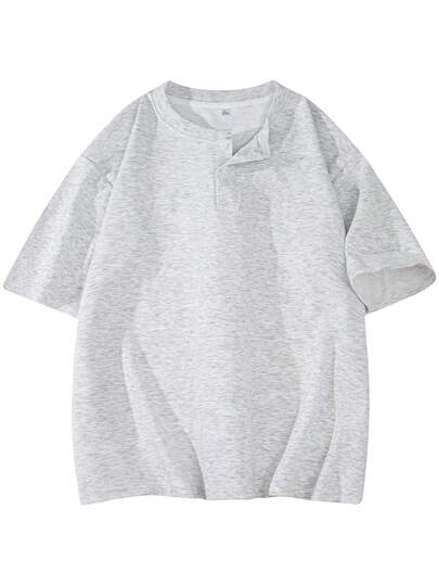 1개 남성용 화이트 플로럴 그레이 헨리 넥 반팔 티셔츠, 헨리 칼라, 니트 원단 통기성 흡습성 주름 방지, 올드 머니 스타일 캐주얼 편안한 반팔 티, 일상 출퇴근 및 가벼운 사교복