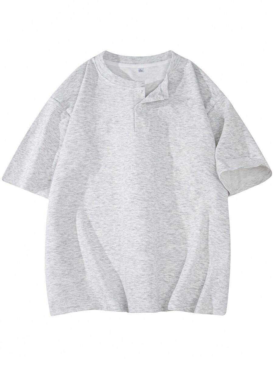 男士白色花卉灰色亨利领短袖T恤，亨利领设计，针织面料透气吸湿抗皱，复古风格休闲舒适短袖T恤，适合日常通勤和轻度社交场合穿着。 - 淺灰色 - 查看 1