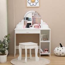 Tocador Infantil 2 en 1 con Espejo Iluminado | Mesa de Maquillaje para Niñas 3-9 Años con Cajón, Estantes y Banco - Color: Blanco (con accesorios) - Ver 10