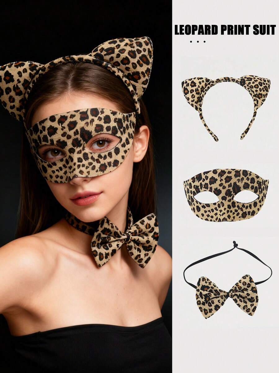 Conjunto de disfraz de guepardo, diadema con orejas de leopardo y lazo, máscara de mascarada, accesorios de disfraz de mujer para Halloween, atuendo de fiesta de mujer, adecuado para carnaval, fiesta de Halloween, Nochebuena, fiesta de cumpleaños, fiesta de cosplay, festivales o fiestas de disfraces. - Multicolor - Ver 1