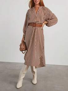 Women's 2026 Spring Striped Dress (Belt Included) - Slim-Fit V-Neck Lantern Sleeve, French Retro Color Block Office Slim-Fit A-Line Midi Dress - Màu Khaki - Xem 4