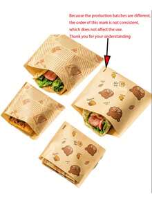Brown Kraft Paper Sandwich/Bread/Grease-Proof Self-Adhesive Packaging Bags, Decorated With Bear And Lemon Patterns, Suitable For Sandwiches, Burgers, Fries, Party Snacks, Etc. (Patterns May Vary Slightly Due To Different Production Batches) - Brown - View 5