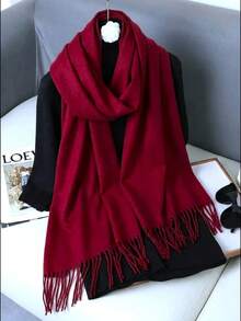 1pc Women Simple Solid Color Regular Style Faux Cashmere Scarf, Suitable For Transitional Season, Daily Wear, Windproof And Warm Winter Fall - Burgundy - View 2
