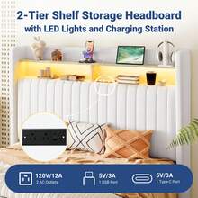Allewie Full/Queen/King Size Lift Up Hydraulic Storage Bed Frame, 2-Tier Shelf Headboard With LED Lights And Charging Station, USB And Type C Ports, Wingback Velvet Headboard, No Box Spring Needed, White - 查看 3