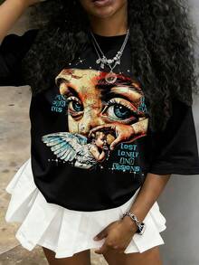 Tween Girl Cotten Clothes,Y2K-Inspired Letter Print T-Shirt - Casual Crew Neck, Short Sleeve, Machine Washable - Perfect For Spring/Summer/Fall,Fashion, Streetwear, Unisex, Men, Women - 黑色 - 查看 1