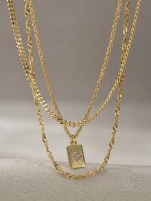 3pcs/Set Braided & Wavy Chain Layered Geometric Rectangle Sunflower Cubic Zirconia Pendant Necklace, Suitable For Girl's Daily Wear - Yellow Gold - View 4