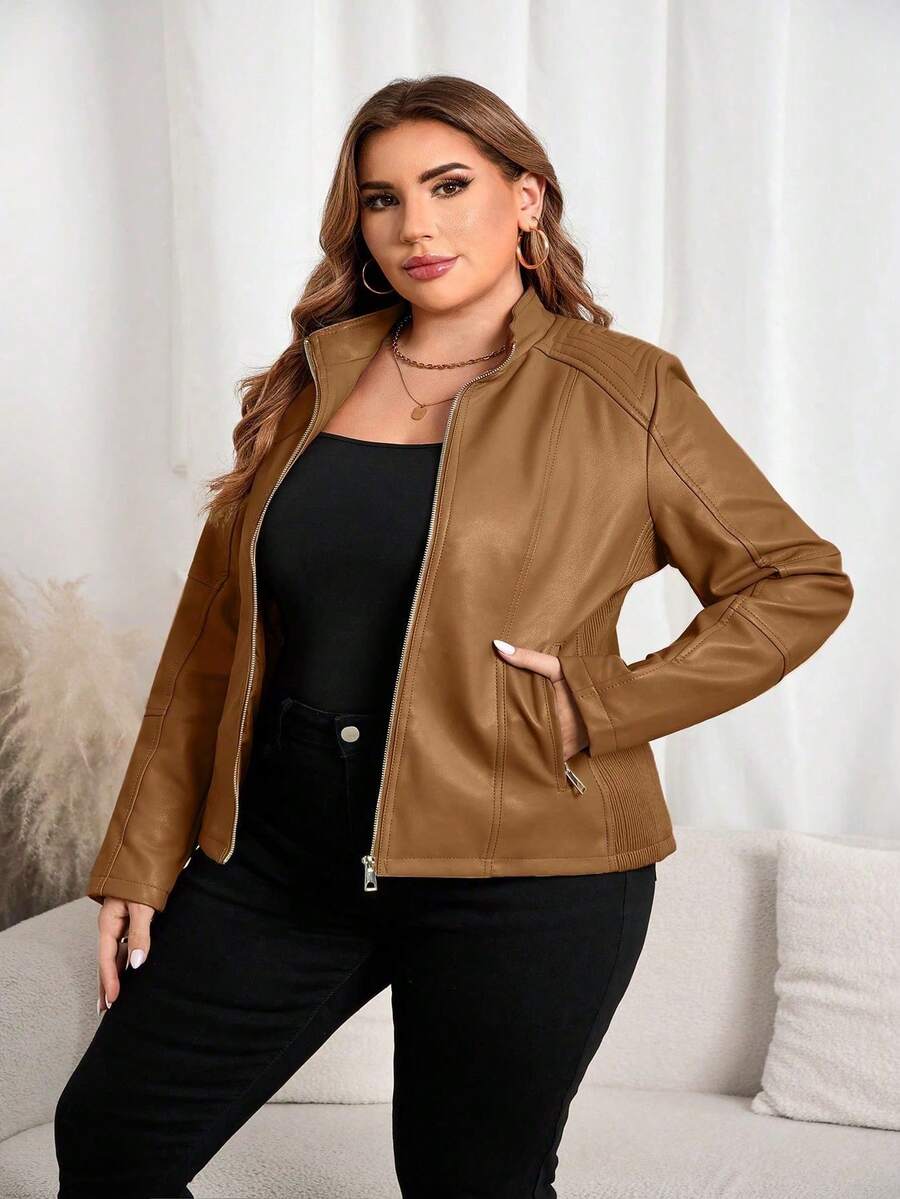 Plus Size Women's Casual Fashion Motorcycle Jacket, Suitable For Commuting And Street Photography, Faux Leather Material, Autumn/Winter - Brown - View 1