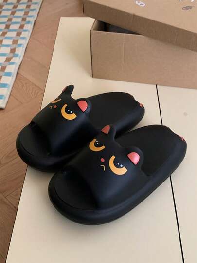 XIXITIAO 1双可爱大眼黑猫夏季卡通情侣软底休闲拖鞋，防滑时尚室内/室外拖鞋