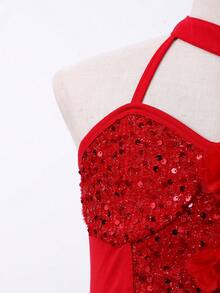 Girls' 3D Floral Halter Neck Waist Beaded Asymmetrical Hem Mesh Dress, Spring/Summer - Red - View 6