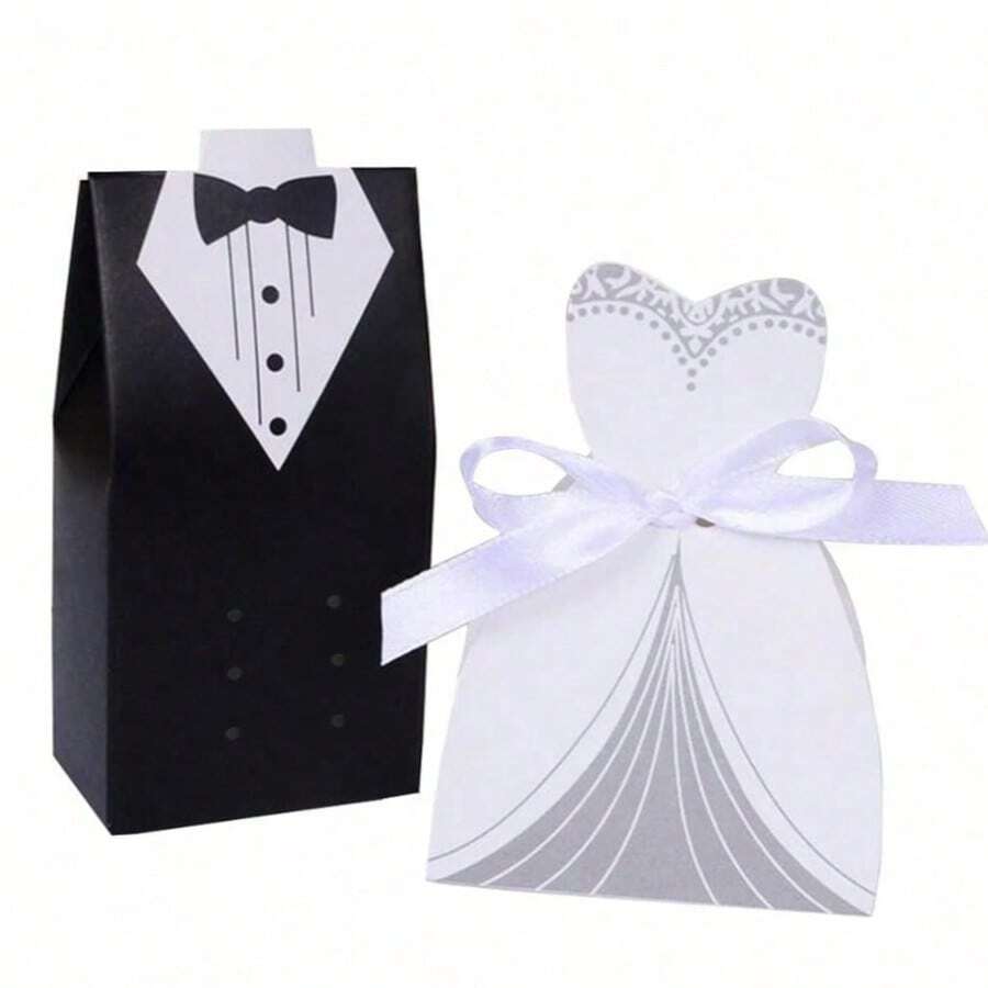 40pcs Wedding Dress & Tuxedo Shaped Satin Ribbon Candy Gift Box, Popular For Bridal Shower, Wedding Party - Black and White - View 1